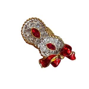 Swarovski Crystal red White Masquerade Mardi Gras Owl Face Mask Pin Enamel Bow